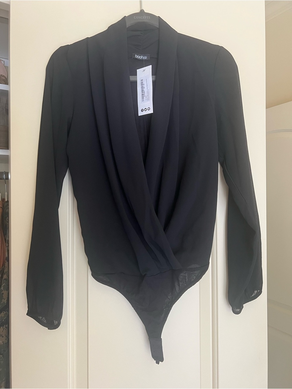 Boohoo Black Draped Surplice Bodysuit - Long Sleeve